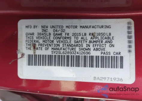 2003 Pontiac Vibe z USA, uszkodzony, nr VIN 5Y2SL62893Z412696